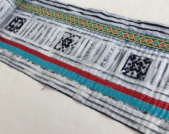 2.20 Meters Long Hmong old cotton Indigo Batik fabric,vintage cotton textiles,indigo cotton Table runner, Hmong skirt from Thailand(H327)