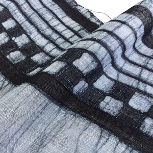 May include: A close-up of a blue and white fabric with a geometric pattern. The fabric is woven with a black thread, creating a grid-like design.