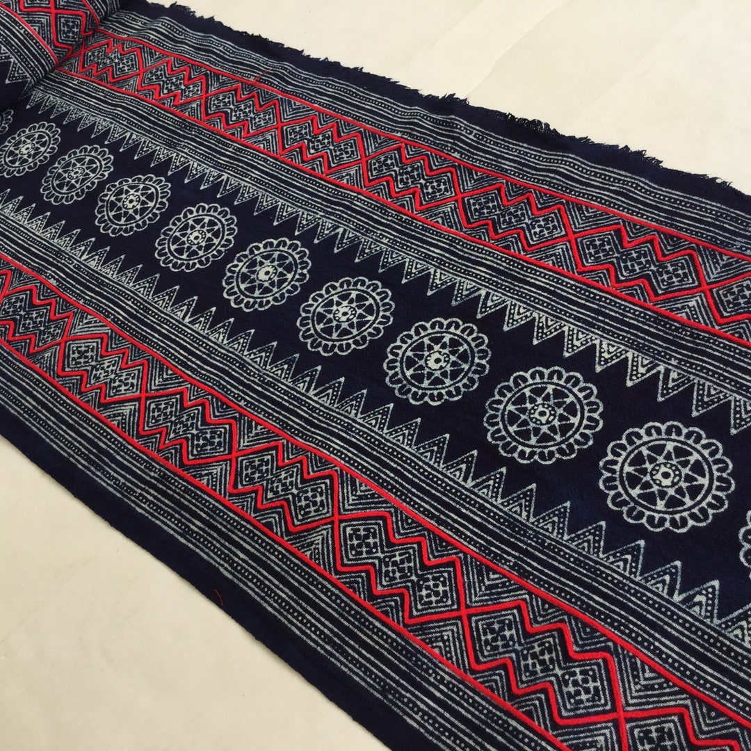 2.45 Meters Long Red Line Handwoven Hmong Cotton Indigo Batik Fabric ...