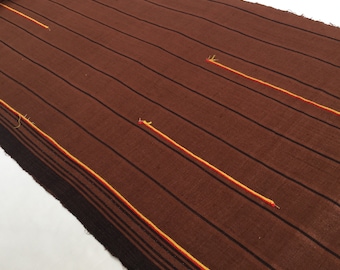 Peut inclure: Tissu brun à rayures noires et jaunes. Le tissu a une texture tissée et est enroulé.