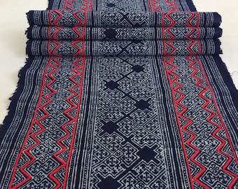 2.40 Meters Long Red line handwoven Hmong cotton Indigo Batik fabric, Vintage style cotton textiles, Table runner from Thailand(APR2)