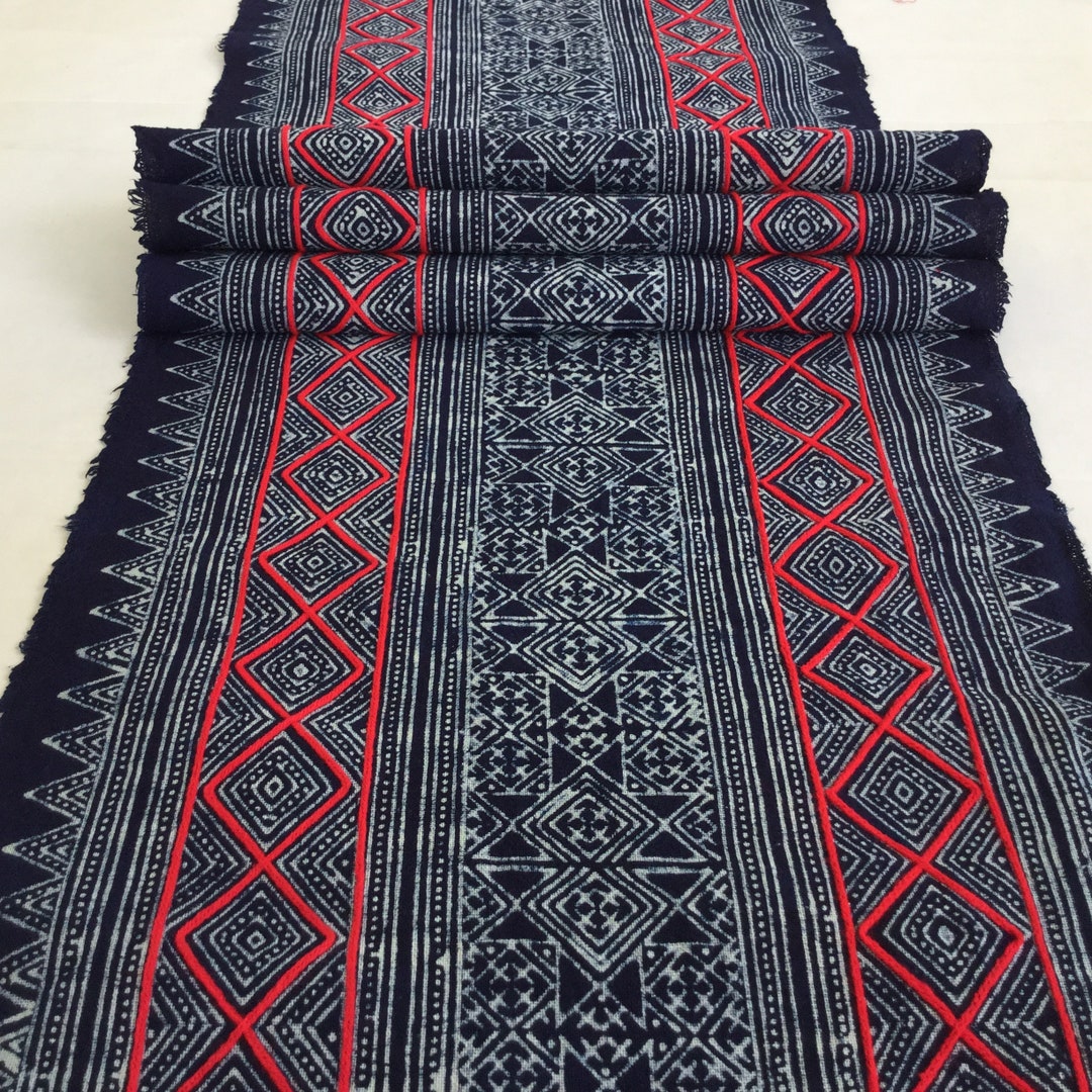 2.45 Meters Long Red Line Handwoven Hmong Cotton Indigo Batik Fabric ...