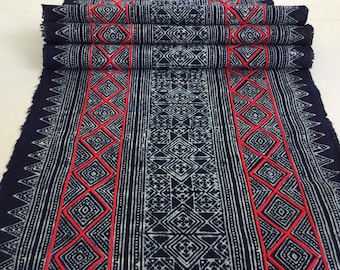 2.45 Meters Long Red line handwoven Hmong cotton Indigo Batik fabric, Vintage style cotton textiles, Table runner from Thailand(APR3)