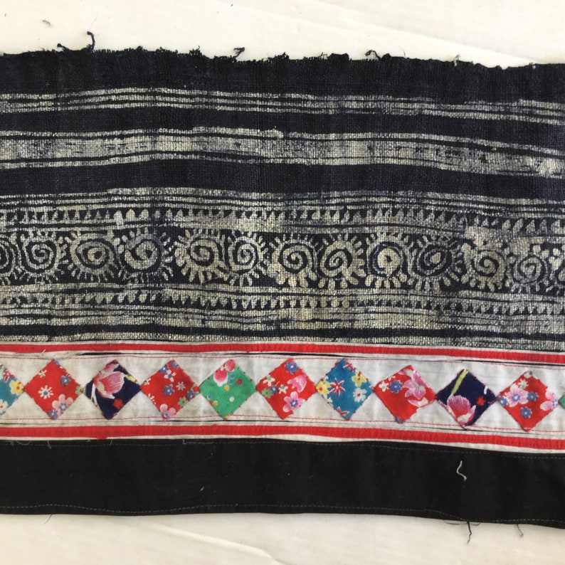 May include: Close-up of a textile fragment with a black and silver striped pattern at the top, followed by a decorative swirl design. Below, a row of colorful diamond-shaped patches with floral prints and a red stripe. The bottom is solid black.