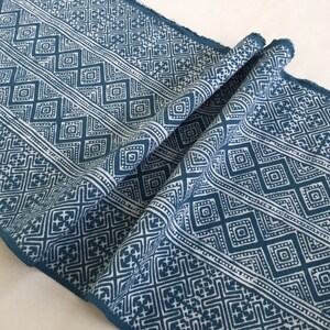 Könnte beinhalten: Ein gefaltetes Stück Stoff mit einem blauen und weißen geometrischen Muster. Der Stoff hat eine gewebte Textur und ist so gefaltet, dass das Muster sich wiederholt.