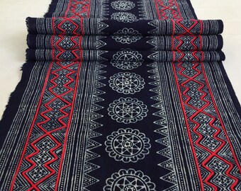 2.40 Meters Long Red line handwoven Hmong cotton Indigo Batik fabric, Vintage style cotton textiles, Table runner from Thailand(APR6)