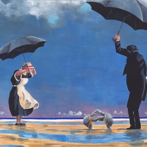 May include: A painting of two people holding umbrellas on a beach with a cloudy sky. The people are wearing hats and are facing away from each other. There is a crab in the foreground.