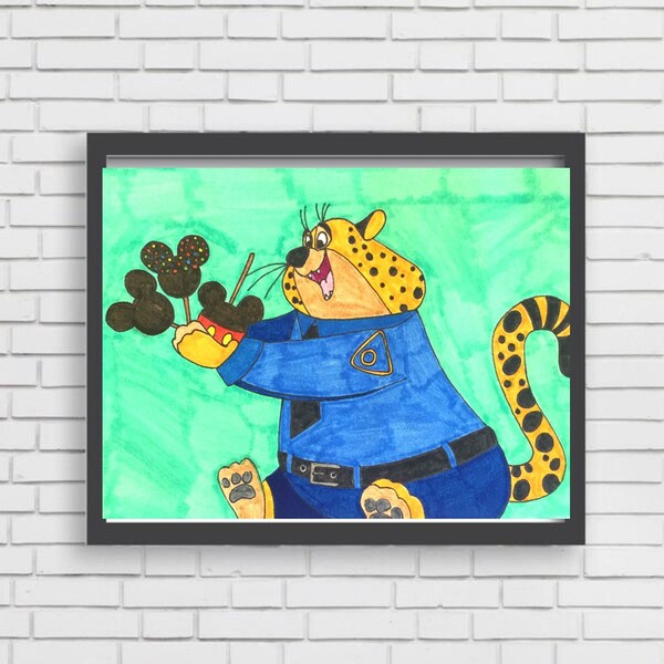 CLAWHAUSER & DISNEY SNACKS - original marker painting zootopia officer benjamin clawhauser disney snacks treats art illustration print cat