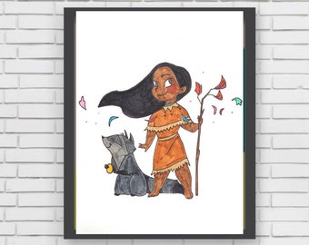 SWEET LITTLE POCAHONTAS - original marker painting disney world land print illustration art disney nursery baby shower pocahontas new world