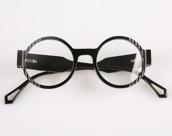 Genuine Natural Horn Handmade Small Round Thin Glasses Frames Sunglasses - Piano Black Polished - Stripes - Men - Women - 100% Genuine Horn