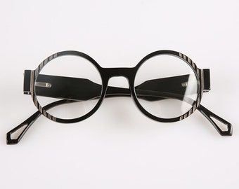 Handmade Round Horn Glasses Frames: Piano Black, Striped