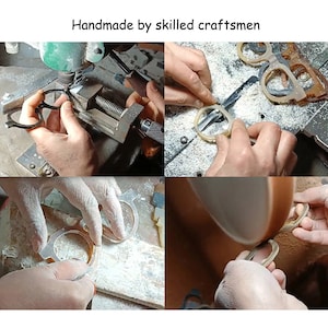 May include: Close-up images showing the process of making eyeglasses by hand. The images show various stages of the process, including shaping the frames, polishing the lenses, and assembling the glasses.