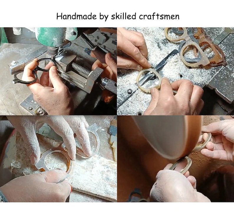 May include: Close-up images showing the process of making eyeglasses by hand. The images show various stages of the process, including shaping the frames, polishing the lenses, and assembling the glasses.