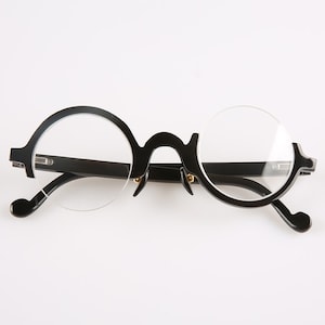 Genuine Natural Horn Handmade Small Round Asymmetrical Glasses Frames Sunglasses - Piano Black Polished - Men - Women - 100% Genuine Horn