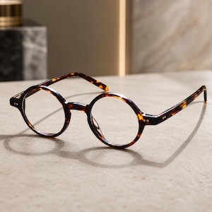 May include: Round eyeglasses with a tortoiseshell pattern. The frames are a mix of brown and amber, with a classic, vintage design. The lenses are clear, and the glasses are set against a neutral background.