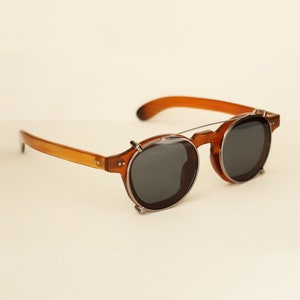 Véritable corne naturelle faite main, style Woody Allen avec monture de lunettes à clip - Couleur ambre - Rivets - Homme - Femme - Corne de taureau 100 % véritable