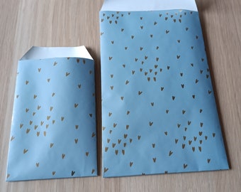 Petites pochettes cadeau luxe - bleues coeurs dorés-  de fabrication française en série limitée