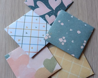 Mini enveloppes & cartes (x 5)-  série coeurs pastel - fabrication artisanale - made in France