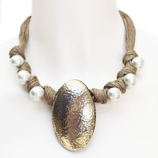 Collier bohème en lin et perles  | Collier en lin métal martelé | Handmade colliers naturels | Collier ethnique | Colliers femme  | Manille
