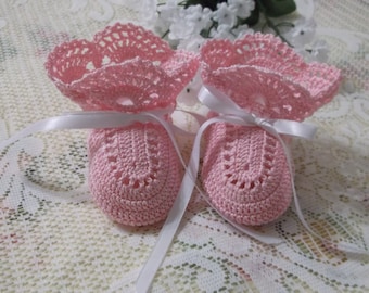 Handmade, Hand Crocheted Baby Booties for newborn baby or doll. White with white ribbons
