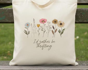 Bolsa de compras de segunda mano "I d Rather Be Thrifting", bolsa de lona de algodón, bolsa de compras reutilizable para amantes de la época, regalo de segunda mano para compradores de segunda mano