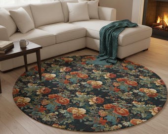 Floral Area Rug Whimsical Round Rug for Rustic Homes Cottagecore Decor Cozy Botanical Floor Accent