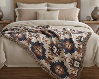 Aztec Woven Cotton Blanket: Southwest Tribal Boho Throw
