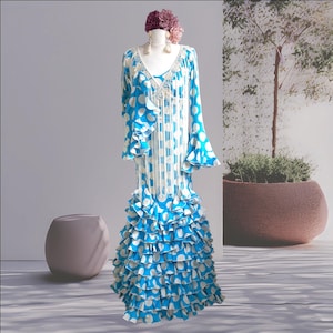 RARE Authentic Spanish Blue Flamenco Dress, Ruffled Dress, Women's Dance Costume, Traditional Dress With Accessories