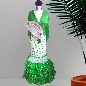 RARE Authentic Spanish White Flamenco Dress, Ruffled Dress, Women's Dance Costume, Traditional Dress With Accessories