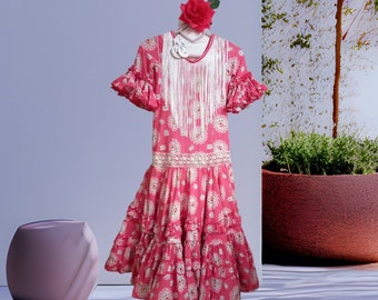 Robe de danse flamenco espagnole authentique pour fille, robe à volants, rose corail, accessoires sur mesure