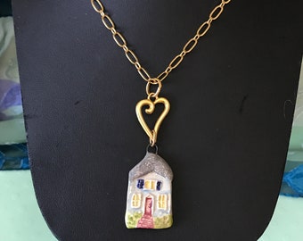 Blue Stoneware Home Pendant Necklace on Antiqued 24K Gold-plated Chain with Heart, Ceramic Pendant Necklace, the Year of Staying at Home