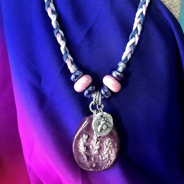Lavender Flower Imprint Stoneware Pendant on Braided Suede Cording with a Honey Bee Charm and Ceramic Beads