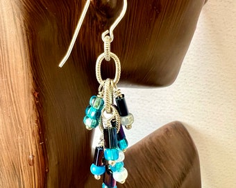 Sterling Silver Dangling Earrings in Shades of Blue Glass Beads