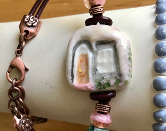 Adjustable Porcelain Home_Cottage Bracelet with Pink and Green Czech Faceted Glass and Copper Beads on Leather Cord, House Jewelry