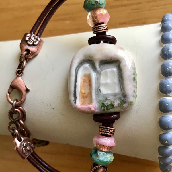 Adjustable Porcelain Home_Cottage Bracelet with Pink and Green Czech Faceted Glass and Copper Beads on Leather Cord, House Jewelry