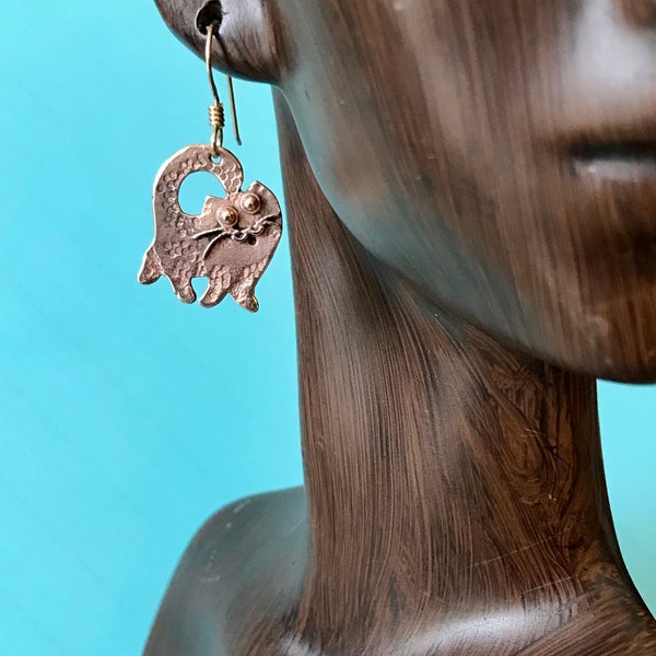 Minimalist Hand Forged Bronze Cat Earrings on Gold-filled French Wires