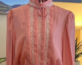 Vintage Pink Lace Belted Dress Long Sleeves Check Pattern