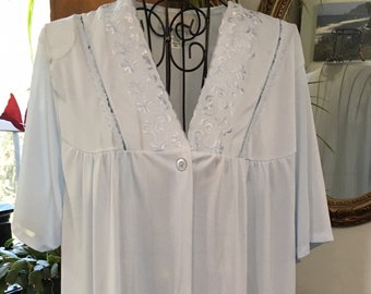 Vintage Danni Blue Nylon Robe Housecoat Embroidered SML
