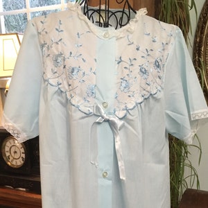 Vintage Blue Cotton Embroidered Large Short Sleeves Bathrobe Duster Housecoat Summer Robe Mother's Day Gift