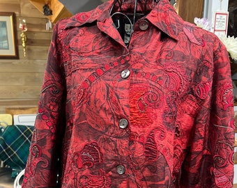 Vintage Red Black Silver Beaded Silk Blouse Made in India Holiday Blouse Embroidered Pattern