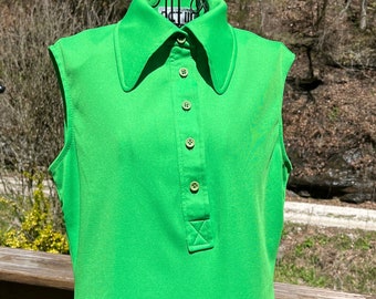 Vintage Sleeveless Green Pullover Top Women Top Solid Polyester