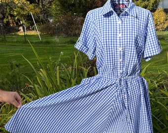 Vintage Blue Gingham Shirtdress Cotton Short Sleeve Fit and Flare Rockabilly Blue & White Check Woman Within