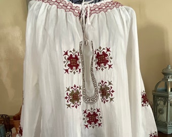 Vintage Grecian Peasant Blouse Embroidered White, Red Gold Long Sleeves Lightweight Medium