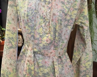 Vintage 70s Floral Cotton Tunic  Pastel Pink, Yellow, Gray, White