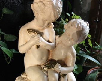 Vintage Chalkware Putti Cherub Statue Children Looking at Bird