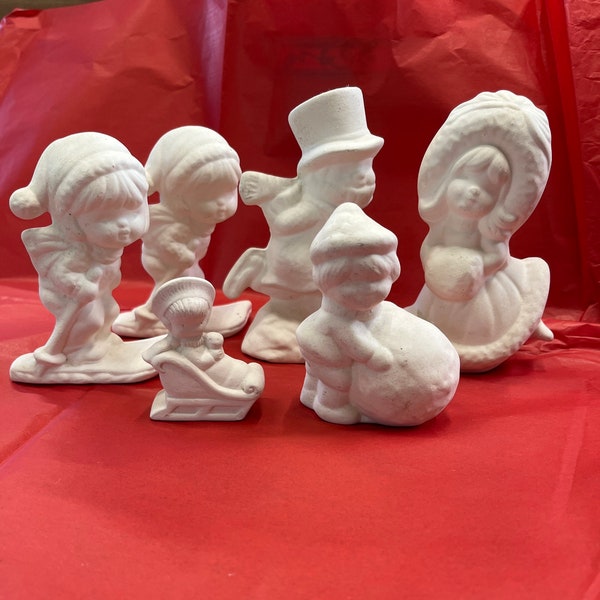 Vintage Holiday Winter Scene Bisque Selection Outside Village Characters Ready to Paint