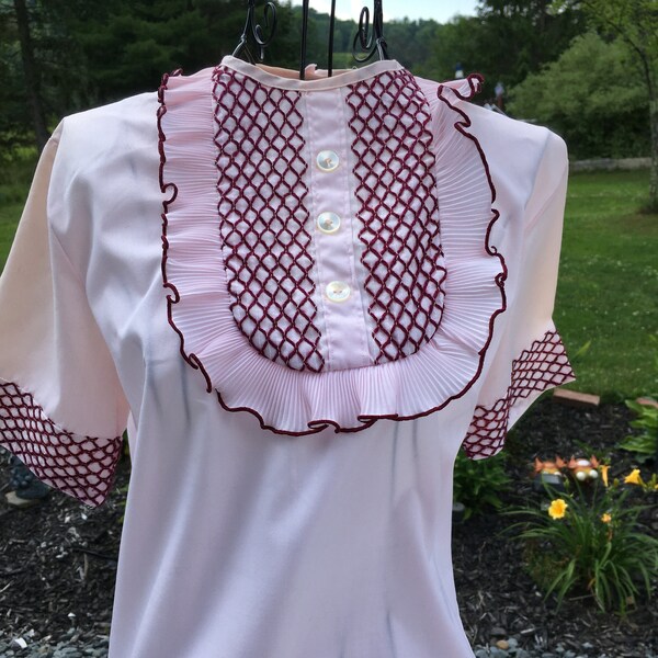 Vintage Pink & Burgundy Short Sleeve Blouse, Small, Tuxedo Ruffle