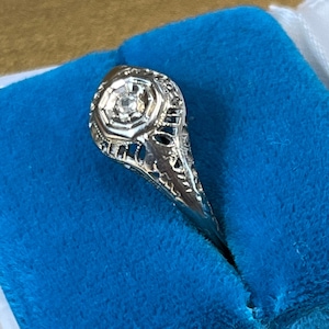 Antique 1930s Silver Art Deco Filigree Engagement Ring Birthday Mothers Day Anniversary Size 6