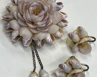 Vintage 1940s Purple Shell Floral Brooch and Screw Back Earrings Set Mothers Day Birthday Anniversary Wedding