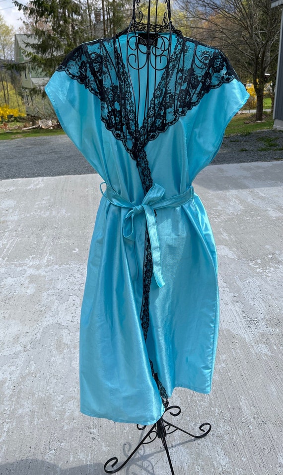 Vintage Teal Polyester Bathrobe Black Lace Sleevel